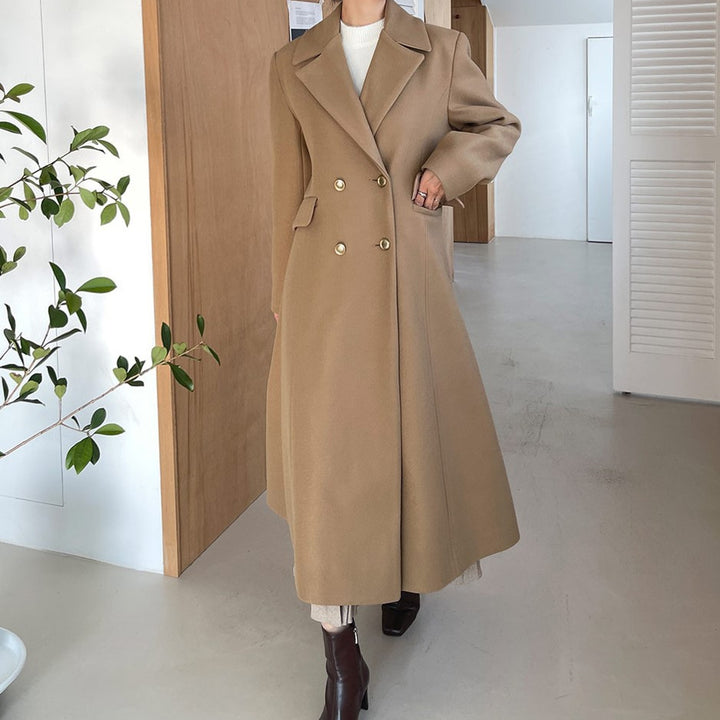 Women's Mid-length tailored A-line wool blend coat with flared skirt and golden decorative buttons Mune Fashion