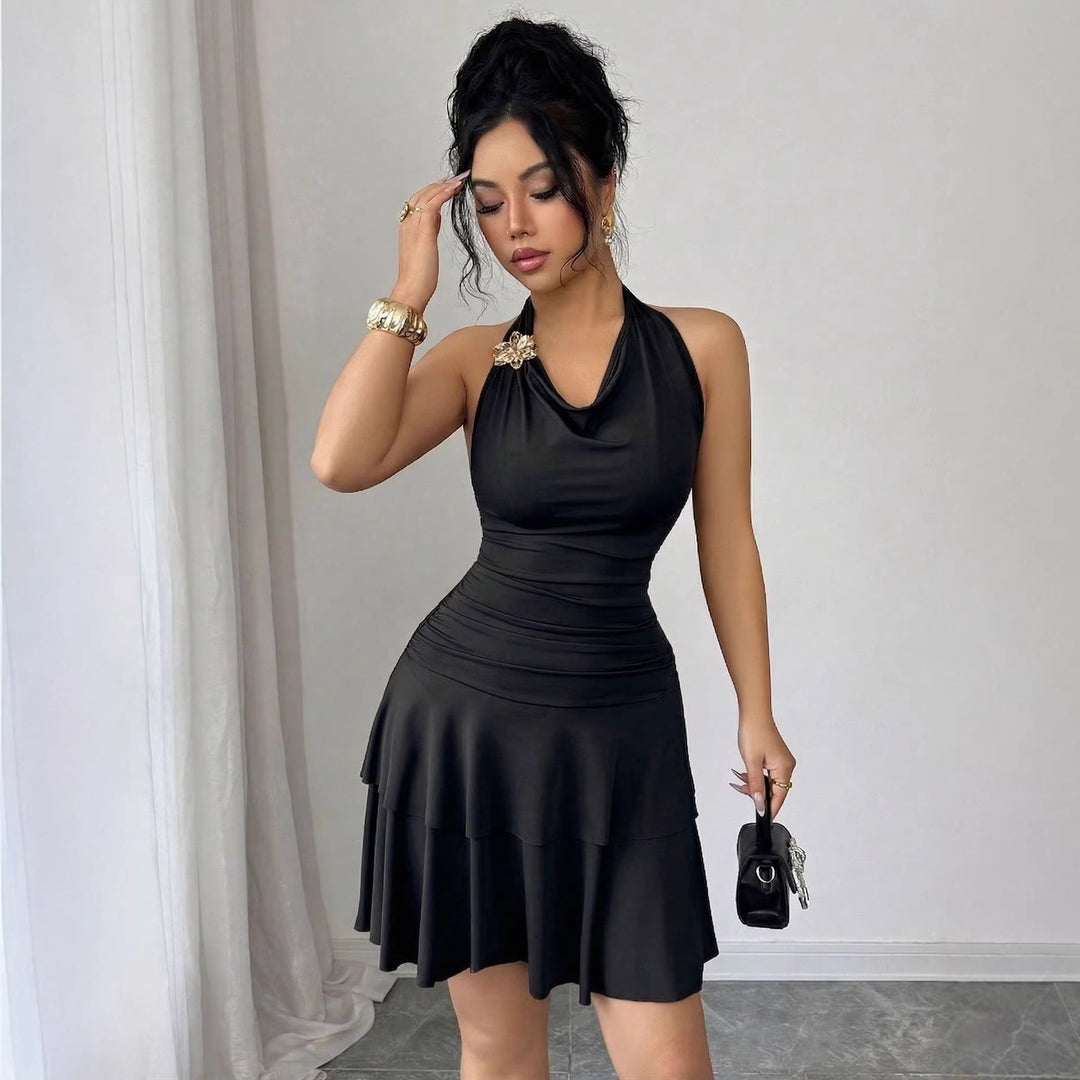 Ladies' halter mid dress with waterfall neckline, fitted gathering and tiered flounce skirt Mune Fashion