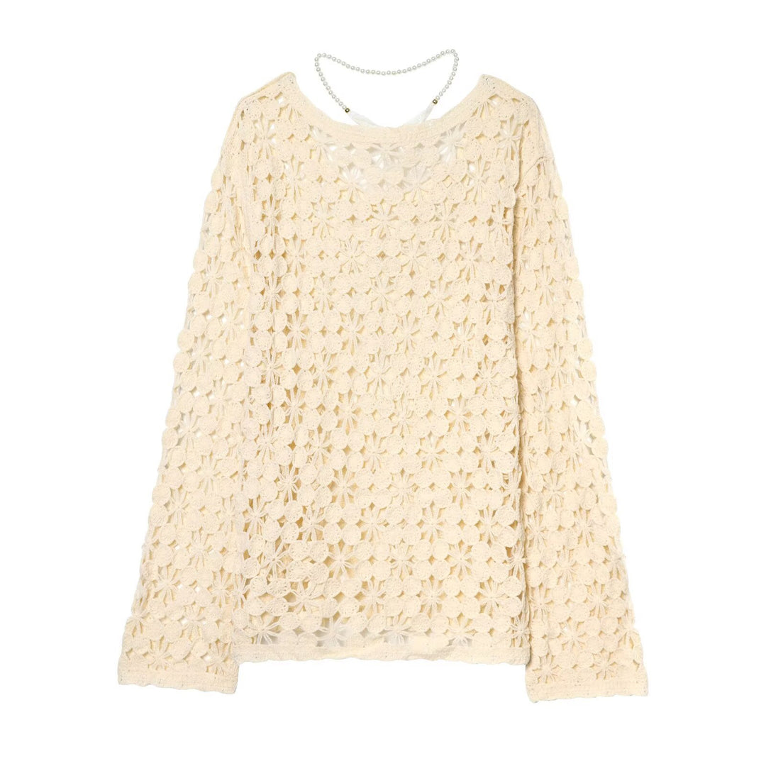 Women's crochet pullover with floral lace look, scallop hem, and delicate ribbon Mune Fashion