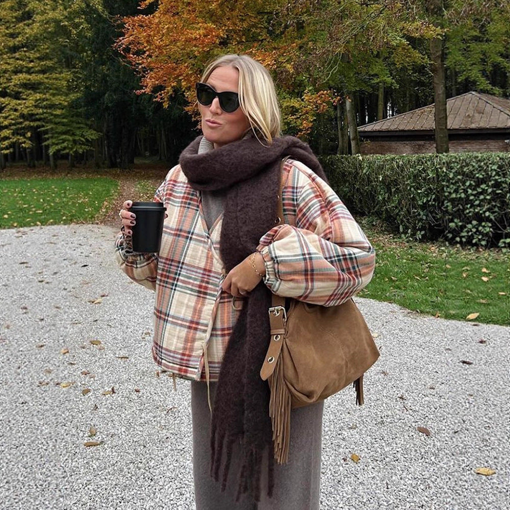 Women Padded Short Quilted Jacket in Check Pattern with Drawstring Hem and Oversized Sleeves Mune Fashion