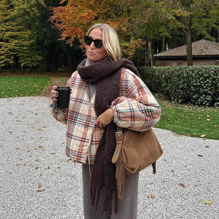 Women Padded Short Quilted Jacket in Check Pattern with Drawstring Hem and Oversized Sleeves Mune Fashion