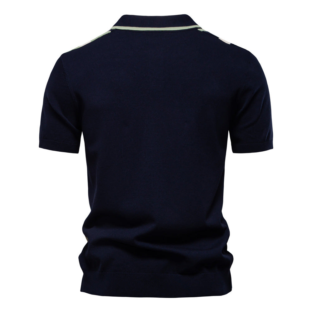 Men's retro-inspired knit polo with vertical intarsia structure and open kent collar Mune Fashion
