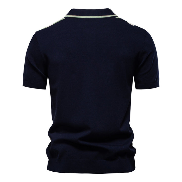 Men's retro-inspired knit polo with vertical intarsia structure and open kent collar Mune Fashion