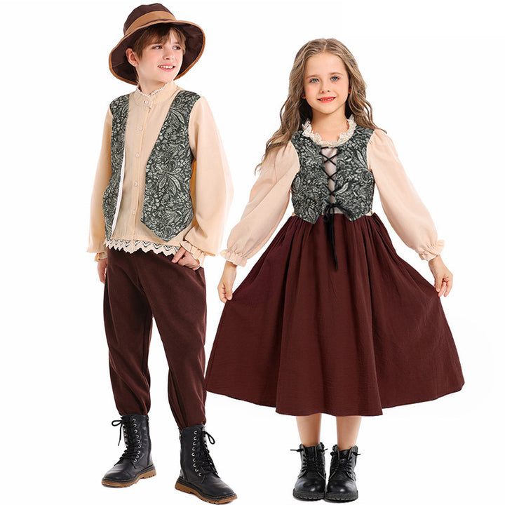 Unisex nan children's costume set with embroidered paisley vest and ruffled blouse Mune Fashion