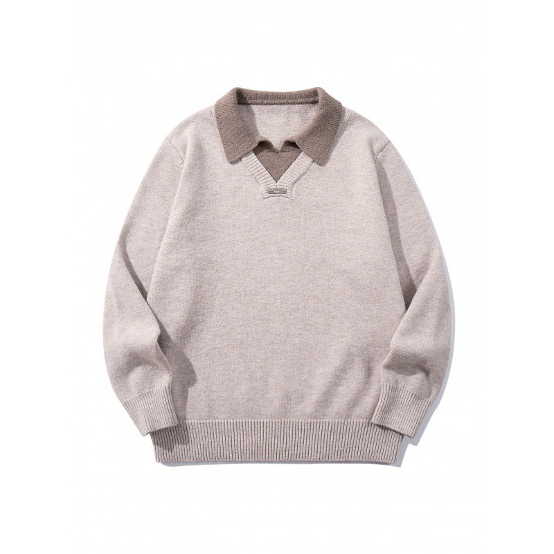 Men's Relaxed Merino-Mix Knit Sweater with Contrasting Polo Collar and V-Detail Mune Fashion