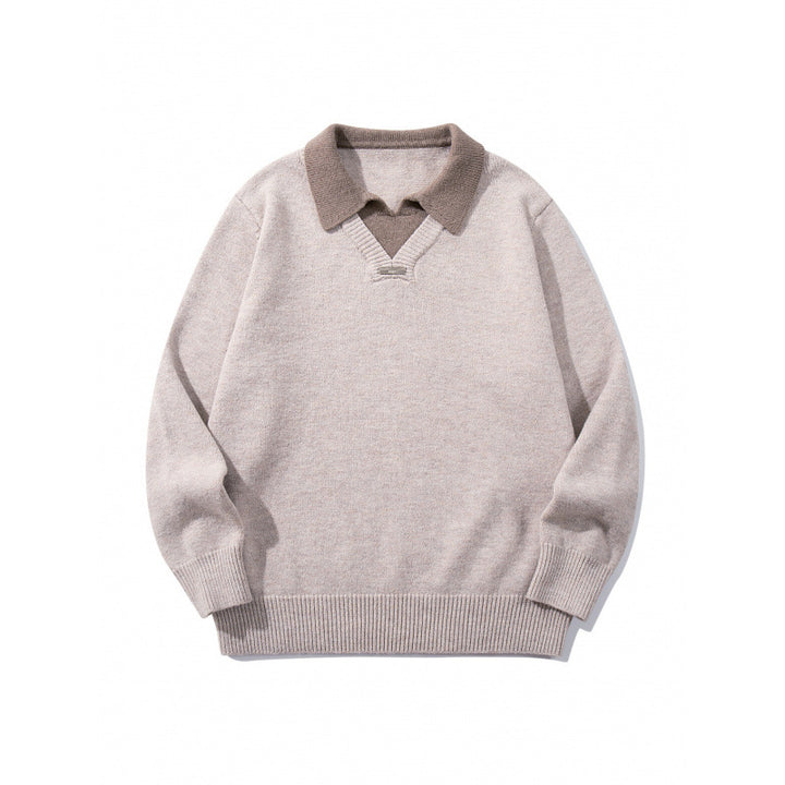 Men's Relaxed Merino-Mix Knit Sweater with Contrasting Polo Collar and V-Detail Mune Fashion