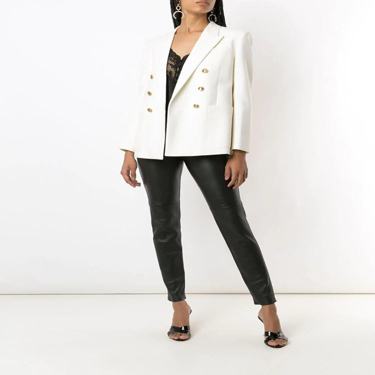 Women's Boxy Double-Breasted Blazer in Clean Tailoring with Structured Shoulders Mune Fashion