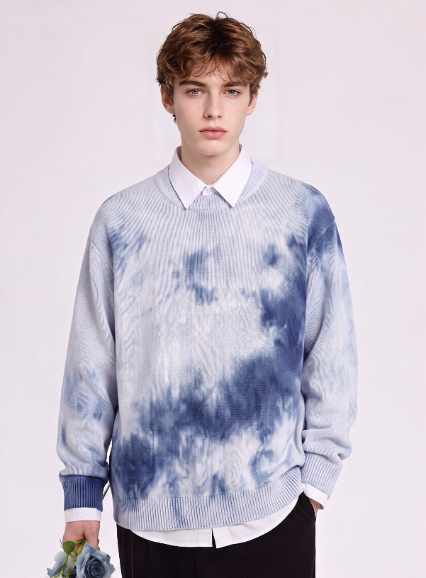 Men's Oversized Knit Sweater with Tie-Dye Look, Round Neck and Ribbed Cuffs Mune Fashion
