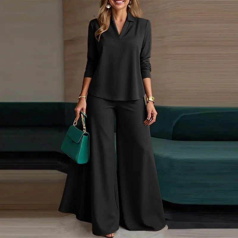 Ladies Elegant Two-Piece Palazzo Set with Shirt Collar Top and Wide Leg Mune Fashion