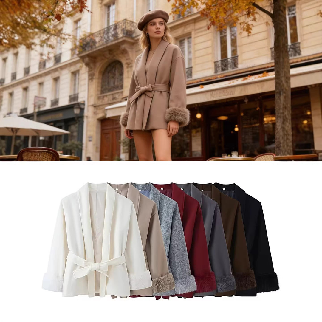 Women's wrap belt coat with shawl collar and faux fur cuffs Mune Fashion
