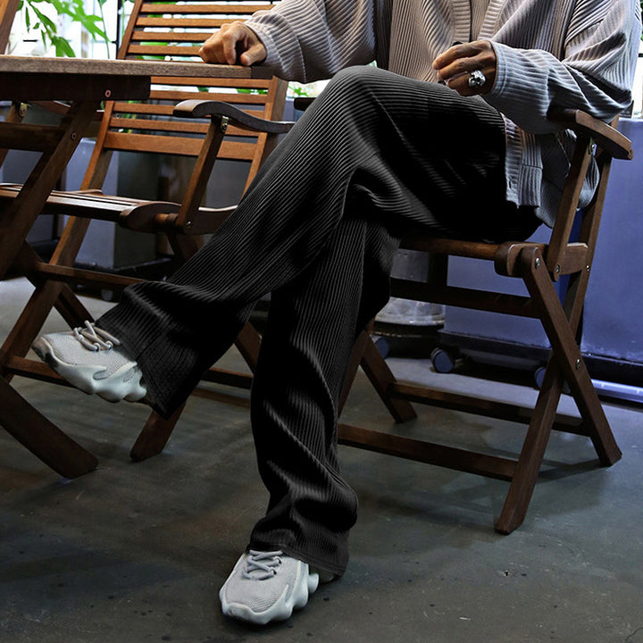 Men's Casual Ribbed Relaxed Pants with Wide Leg, Drawstring & Side Pockets