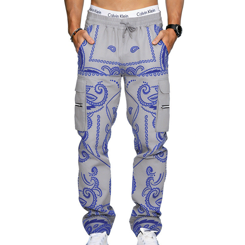 Men's cargo pants with bandana print, elastic waistband, and zipper pockets Mune Fashion