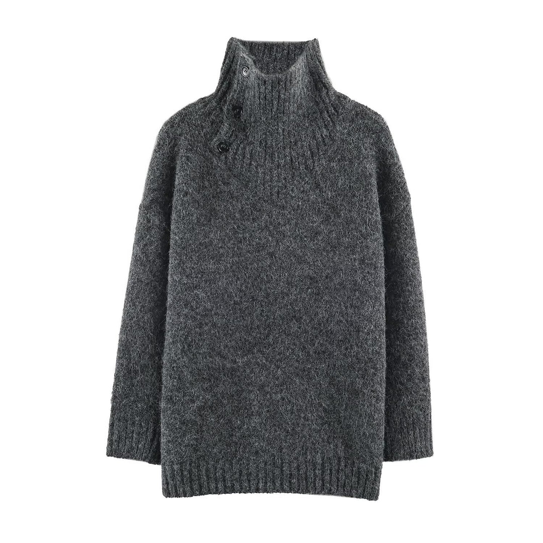 Women's Oversized Knit Sweater with High Ribbed Collar, Button Detail and V-Neck Mune Fashion