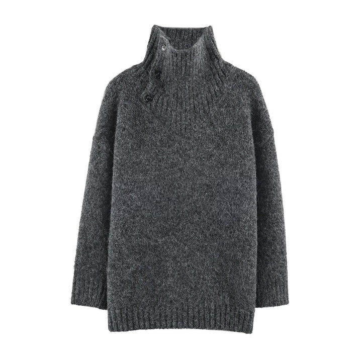 Women's Oversized Knit Sweater with High Ribbed Collar, Button Detail and V-Neck Mune Fashion