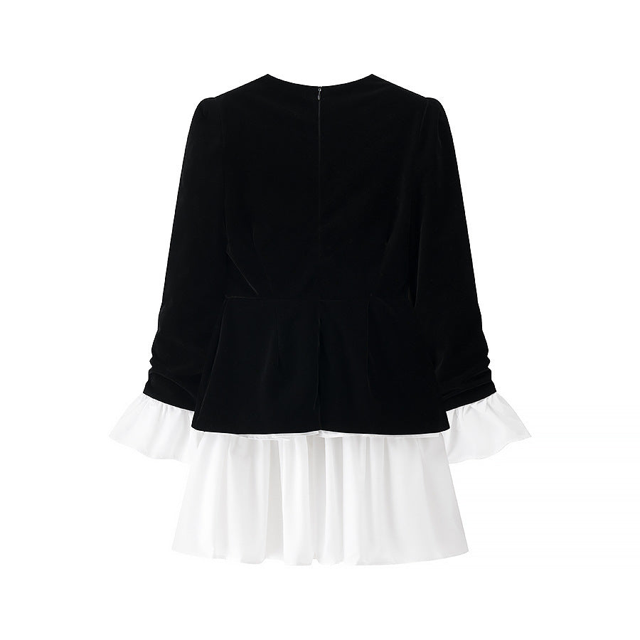 Women’s velvet dress with fitted bodice, puff sleeves, and layered ruffle skirt Mune Fashion