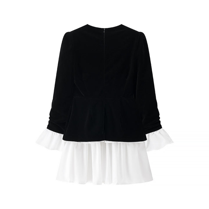 Women’s velvet dress with fitted bodice, puff sleeves, and layered ruffle skirt Mune Fashion