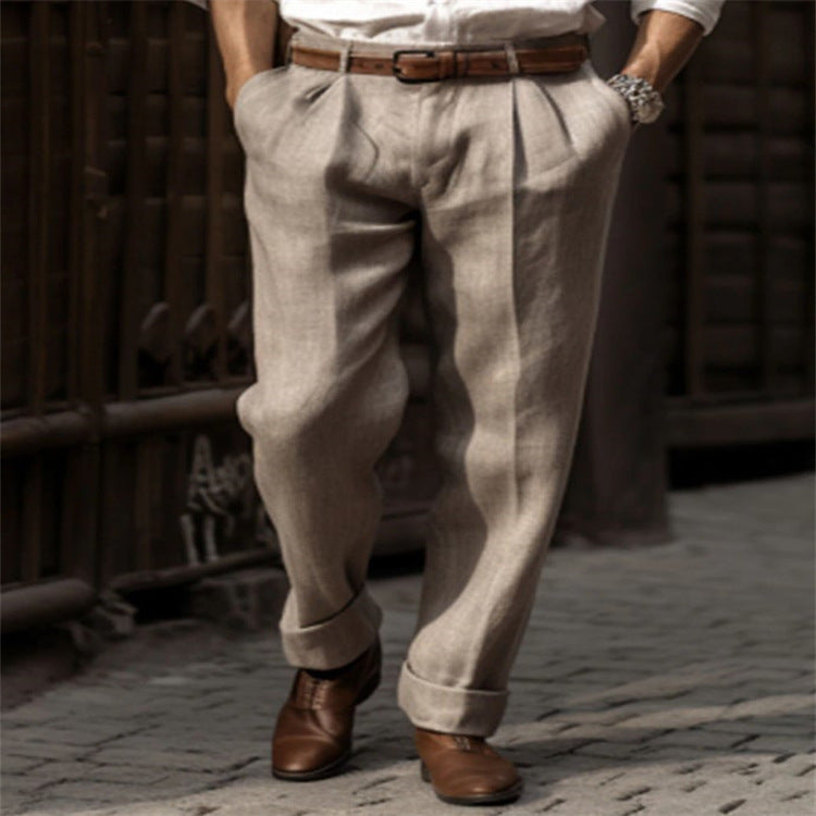 Men's pleated linen chinos with high waist, wide leg and classic side pocket cut Mune Fashion