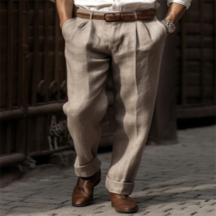 Men's pleated linen chinos with high waist, wide leg and classic side pocket cut Mune Fashion