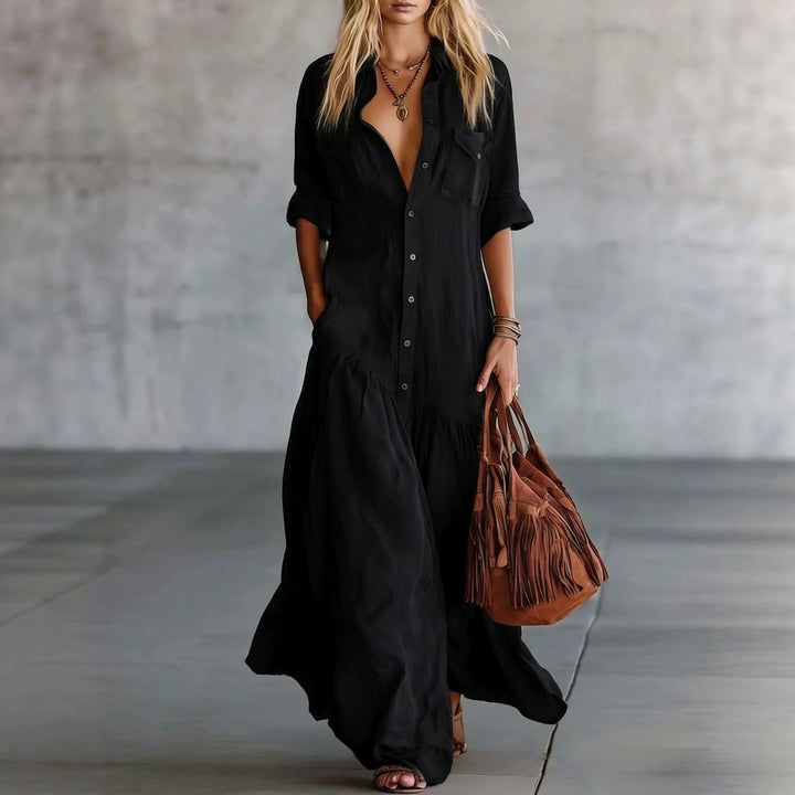 Ladies Long Flowing Shirt Blouse Maxi Dress with Button Placket, Applied Breast Pockets and Side Insert Pockets Mune Fashion