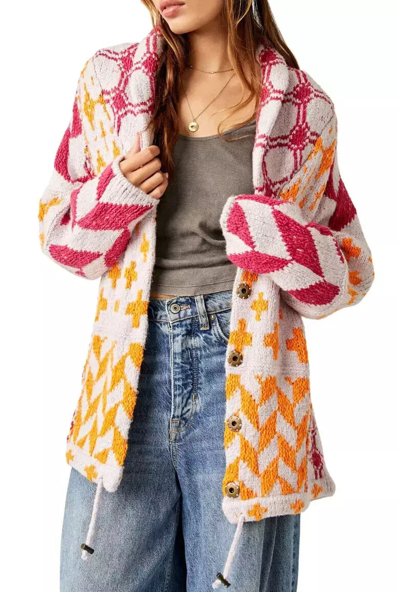 Ladies Oversized Cardigan with Shawl Collar and Graphic Pattern Mune Fashion