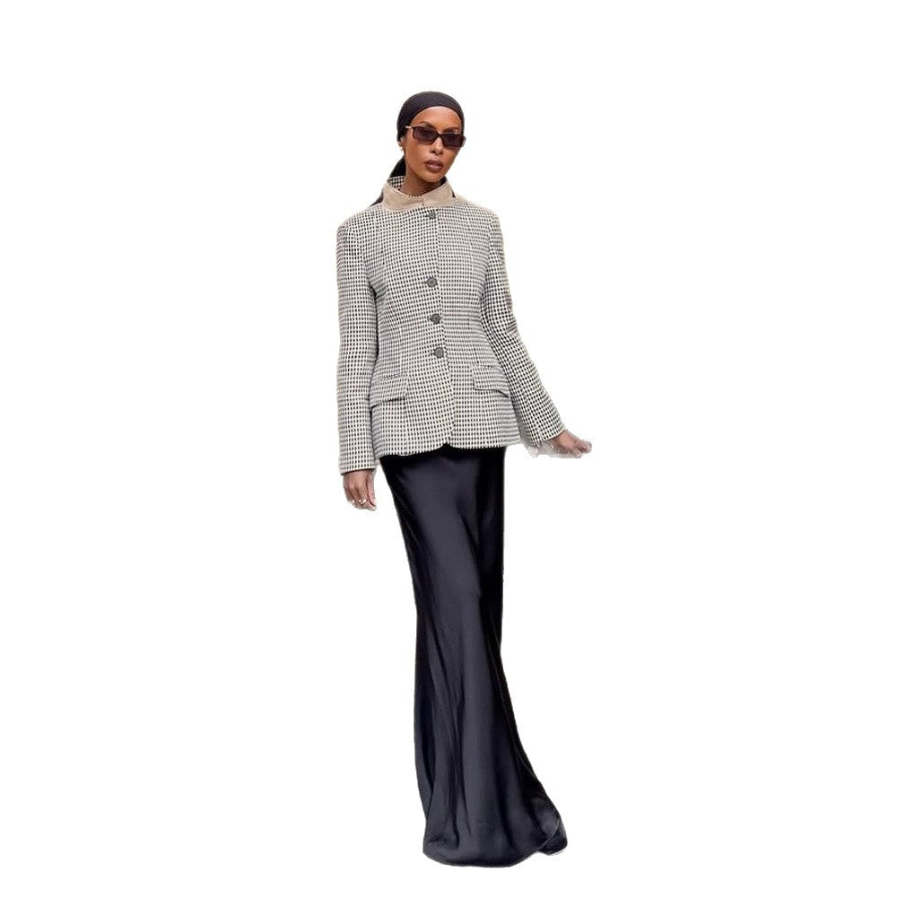Women's Tailored Short Blazer in Vichy Check with Stand Collar and Curved Hem Mune Fashion