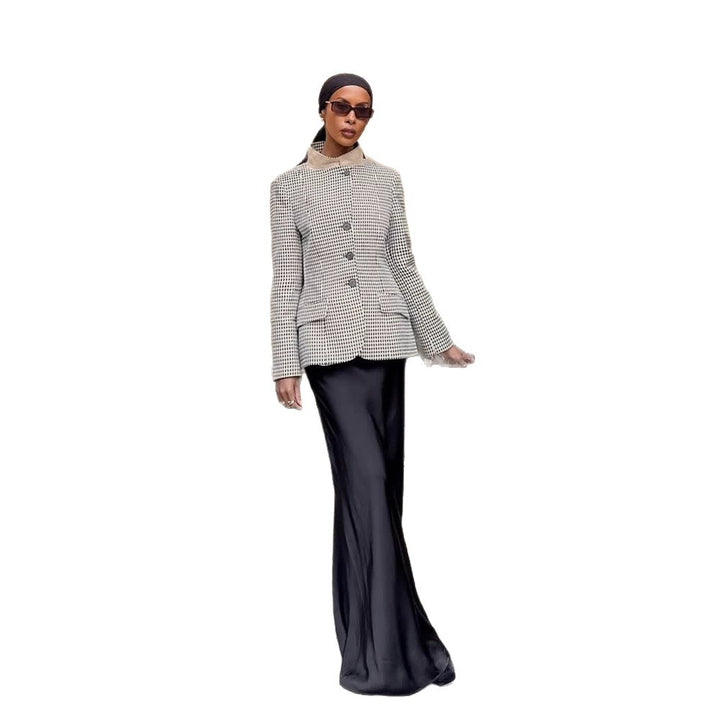 Women's Tailored Short Blazer in Vichy Check with Stand Collar and Curved Hem Mune Fashion