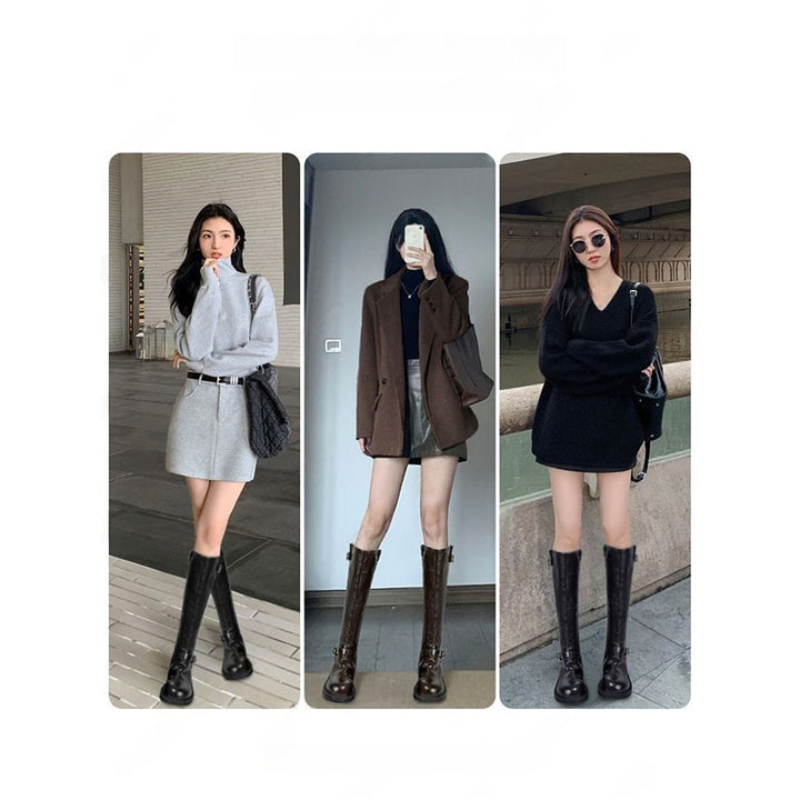 Women's Knee-High Combat Boots with Smooth Leather Look, Side Zipper and Decorative Buckles Mune Fashion