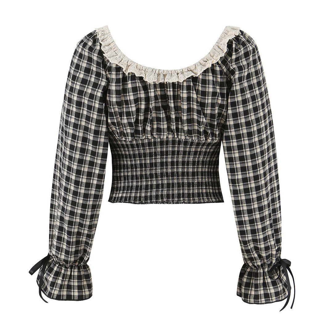 Women Checked Cropped Blouse with Square Neck, Lace Trim and Gathered Waist Mune Fashion
