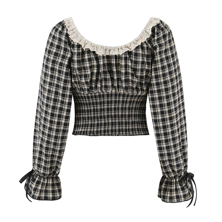 Women Checked Cropped Blouse with Square Neck, Lace Trim and Gathered Waist Mune Fashion