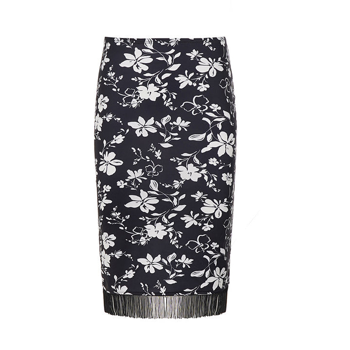Women Midi Skirt Pencil Skirt with Floral Print and Fringe Trim Mune Fashion