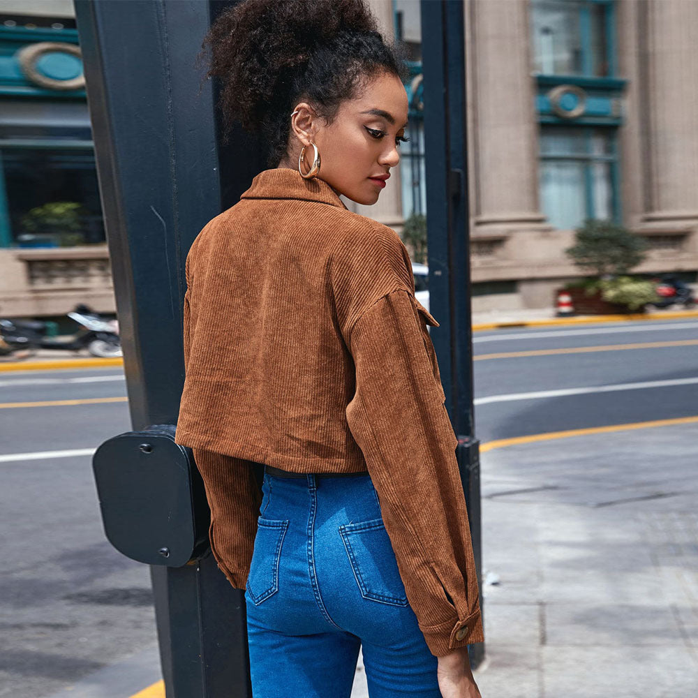 Women's cropped cord jacket with applied flap pockets, shirt collar, and button closure Mune Fashion