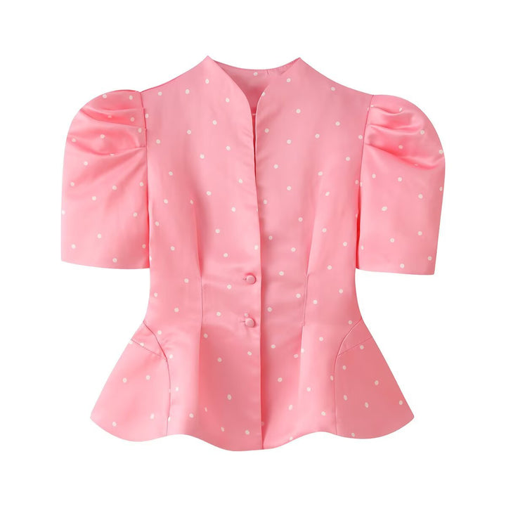 Women Tailored Satin Blouse with Puff Sleeves, Stand Collar and Polka Dot Print Mune Fashion