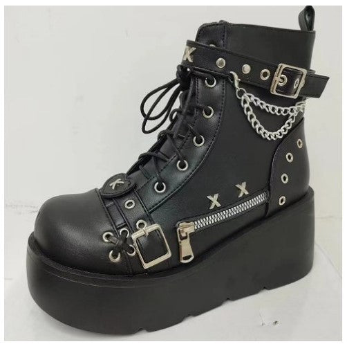 Women's Plateau Biker Ankle Boots with Wide Wedge Sole, Buckles, Chains and Cross Appliqués Mune Fashion