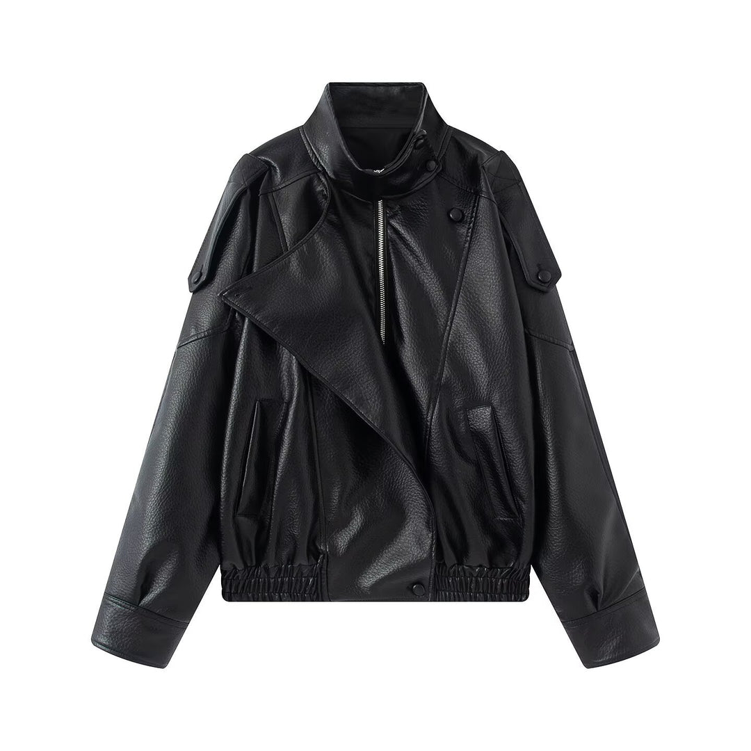 Women Oversized Faux Leather Biker Jacket with Asymmetric Lapel, Stand Collar, and Waist Drawstring Mune Fashion