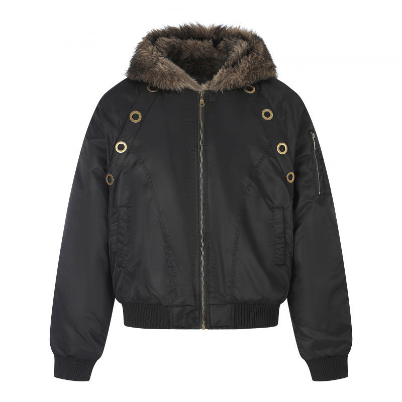 Women's short-cut bomber jacket with faux fur hood, metal eyelets and zipper Mune Fashion
