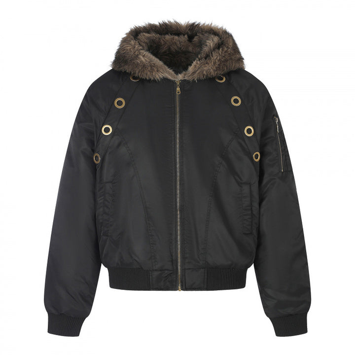 Women's short-cut bomber jacket with faux fur hood, metal eyelets and zipper Mune Fashion