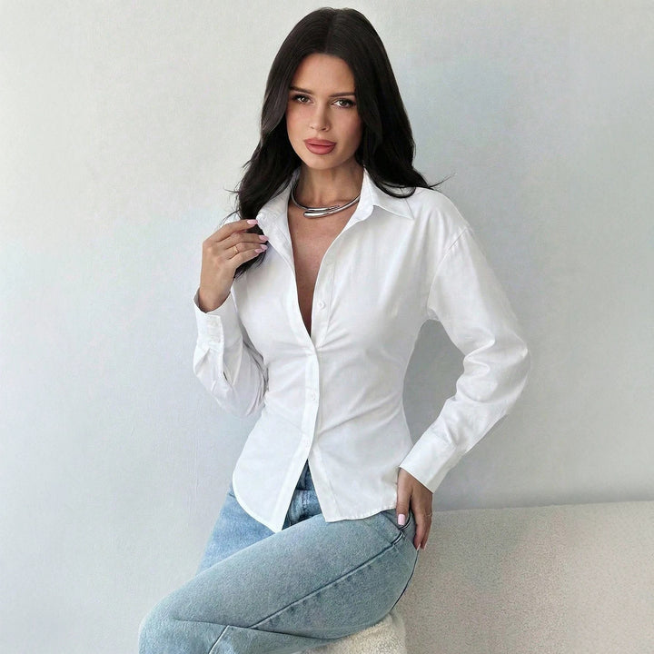 Women's Tailored Striped Shirt Blouse with Lapel Collar and Shaping Waist Mune Fashion