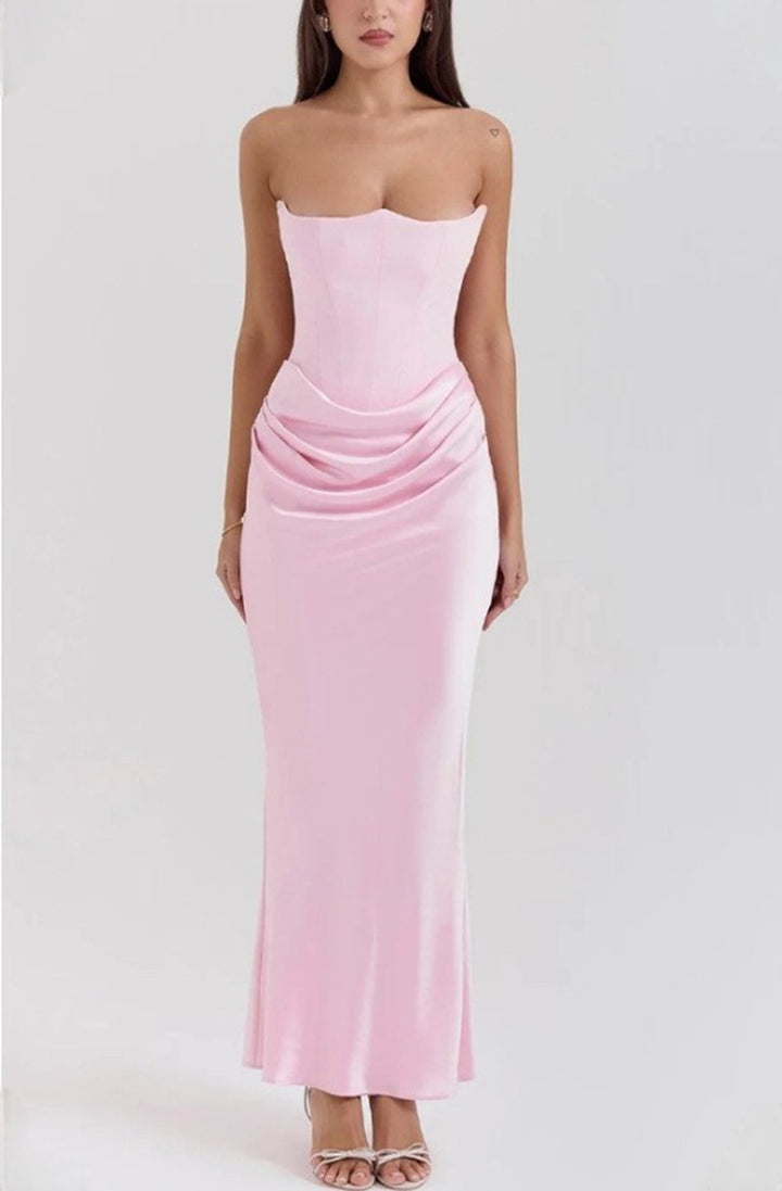 Women's strapless corset evening dress with contoured bodice construction and elegant hip draping Mune Fashion