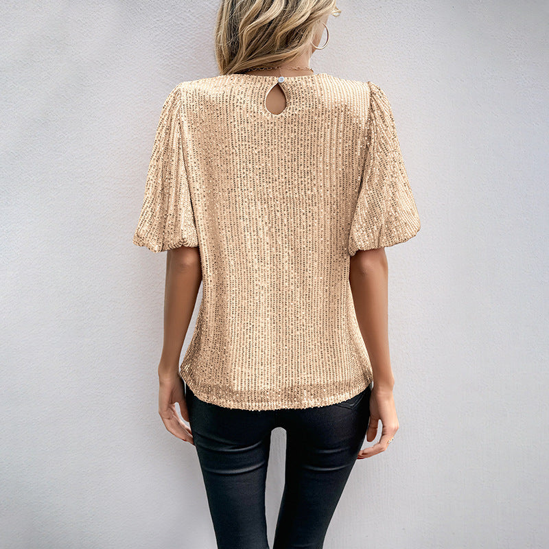 Women's Shiny Fine Knit Shirt with Gathered Puff Sleeves and Round Neckline Mune Fashion