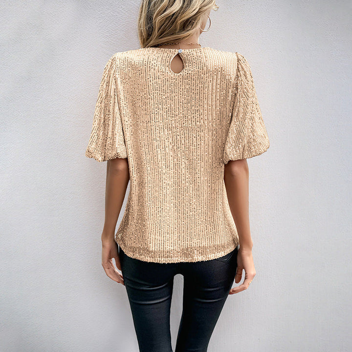 Women's Shiny Fine Knit Shirt with Gathered Puff Sleeves and Round Neckline Mune Fashion