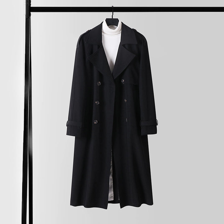 Ladies Elegant Maxi Trench Coat made of wool blend with wide shawl collar and tie belt Mune Fashion