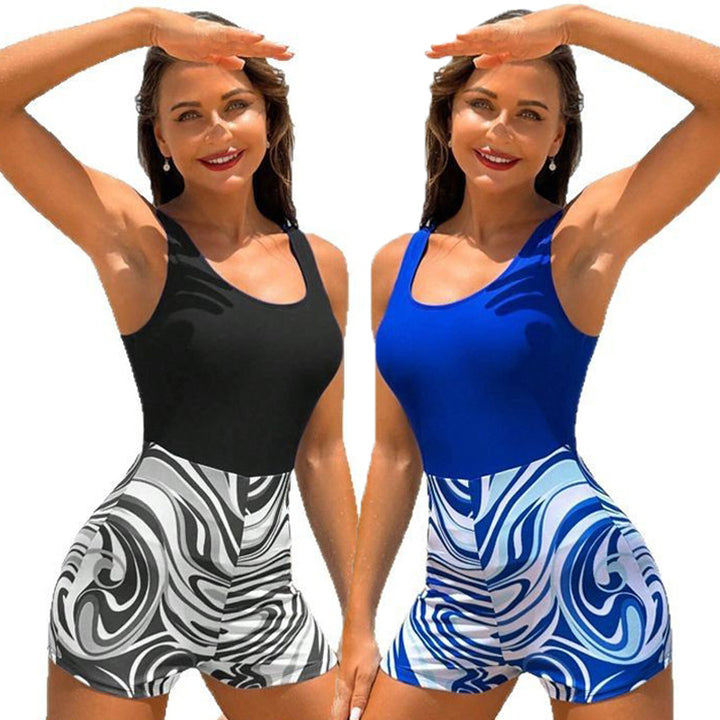 Women's Sporty One-Piece Swimsuit with Fashionable Wave Pattern Mune Fashion