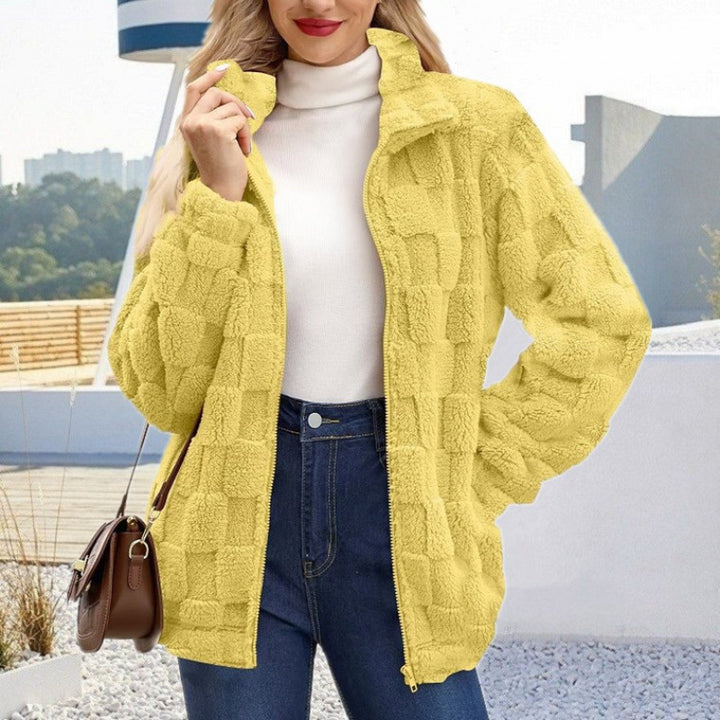 Women's teddy jacket with check structure, stand-up collar and zipper Mune Fashion