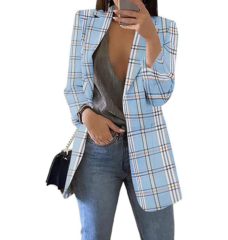 Women's tailored check blazer longline with structured shoulder area and open front Mune Fashion