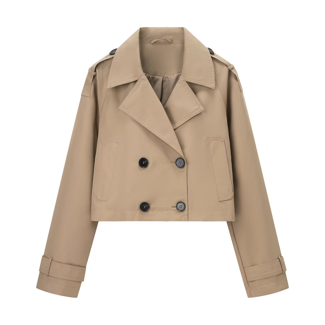 Women's cropped tailored double-breasted trench coat in boxy cut with shoulder pads and adjustable cuffs Mune Fashion