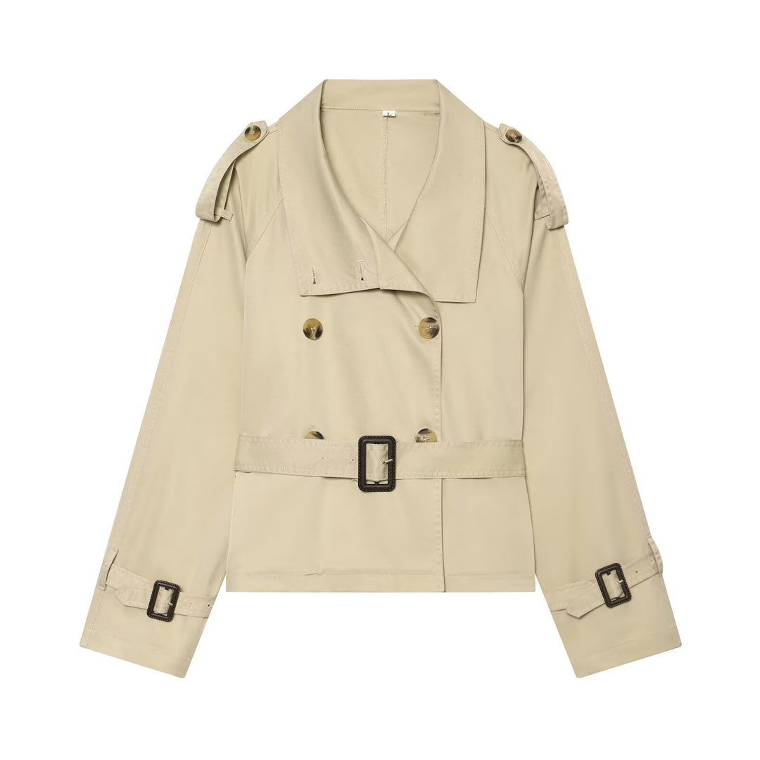 Women's Short Trench in Boxy Style with Double-Breasted Closure, Buckle Sleeves and Waist Belt Drune