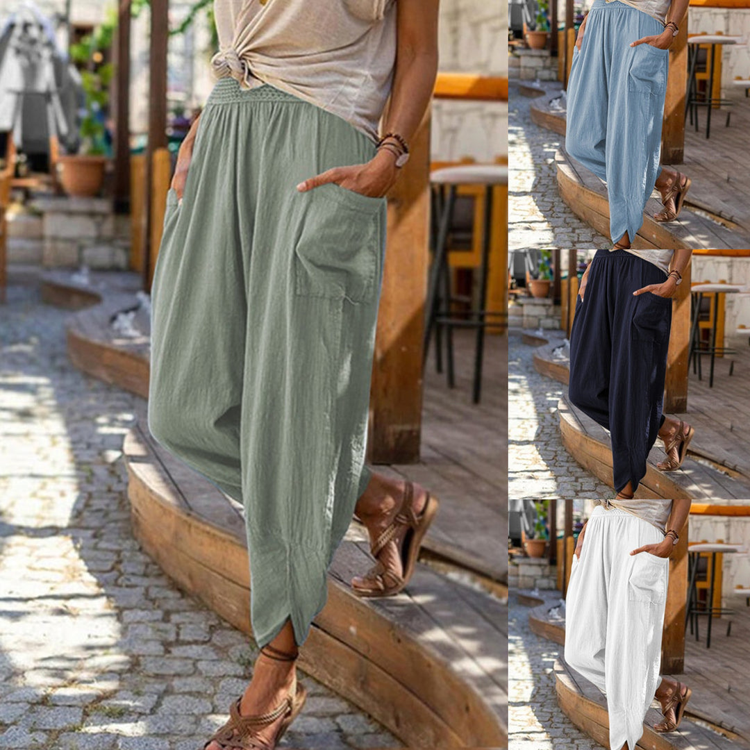 Women’s casual harem pants with elastic smock waistband, patch pockets, and gathered ankle cuffs Mune Fashion