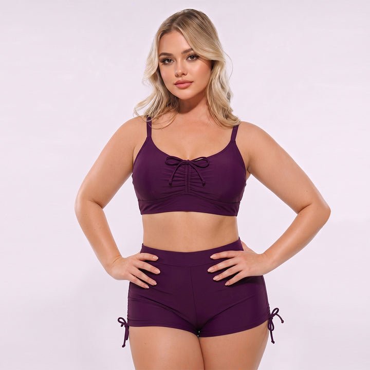 Women High-Cut Tankini Set with Adjustable Straps and Gathering Mune Fashion