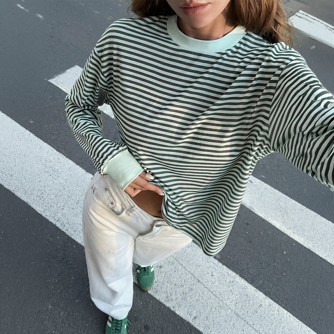 Women's casual striped oversized long sleeve with contrasting round neckline and extended back hem Mune Fashion