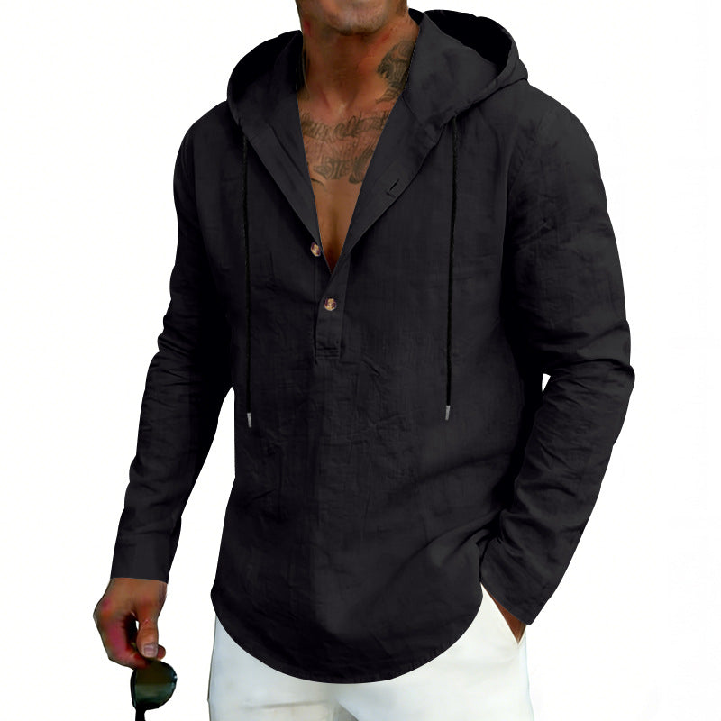 Men's Linen Henley Hooded Shirt with Short Button Placket, Hood, and Relaxed Fit Mune Fashion